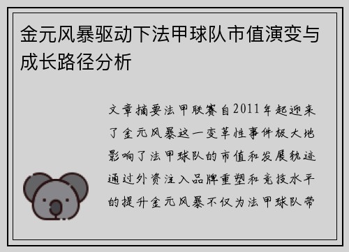 金元风暴驱动下法甲球队市值演变与成长路径分析