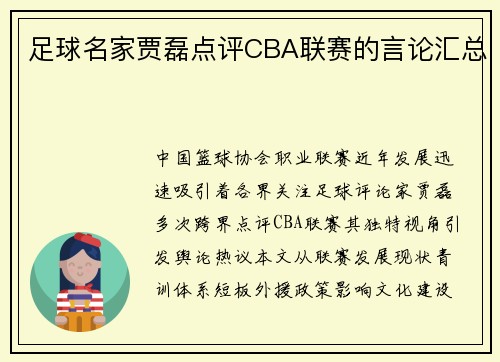 足球名家贾磊点评CBA联赛的言论汇总
